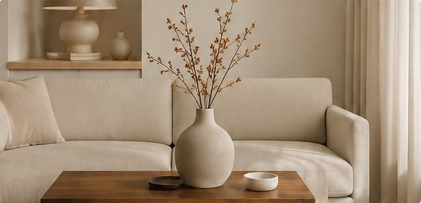 Linen sofa with a stoneware vase of dried branches on a walnut coffee table